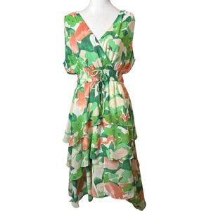 LUSH Green Floral Tiered Hi Low Dress Medium Spring Easter Wedding Guest Fairy